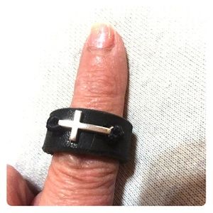 Black leather n silver Cross ring sz 7.5 Handmade